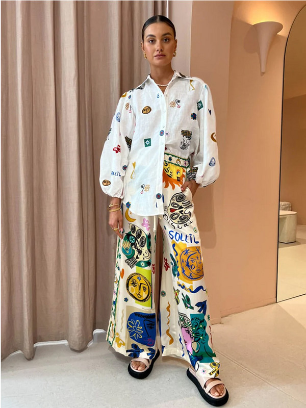 Trükitud moesärk naiste top revääridega, pikkade laternatega varrukatega üherealised pühadesärgid Naiste suvi 2023 Graffiti topid pluus