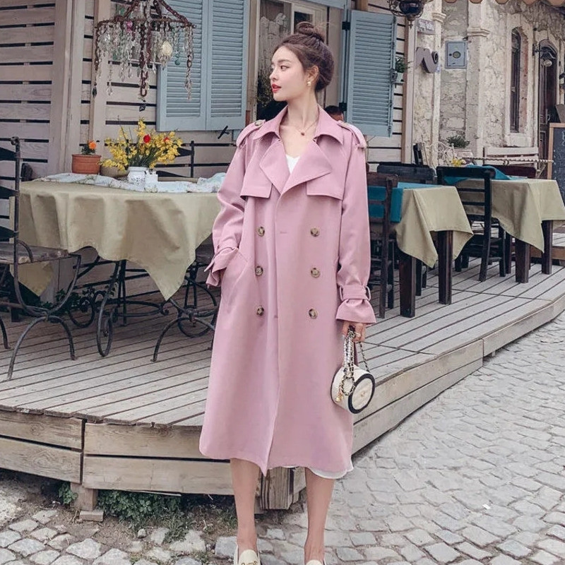 Abrigo Mujer Розово зелено дамско тренчкот, дълъг прах с колан Пролет Есен Модно темпераментно корейско ежедневно яке 2023 г.
