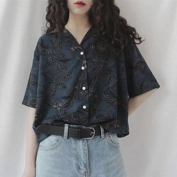 MEXZT Vintage Harajuku print Γυναικείο πουκάμισο Καλοκαιρινό streetwear κοντά μανίκια υπερμεγέθη μπλούζες Κορεάτικη μόδα Κομψό, καθημερινό τοπ Νέο