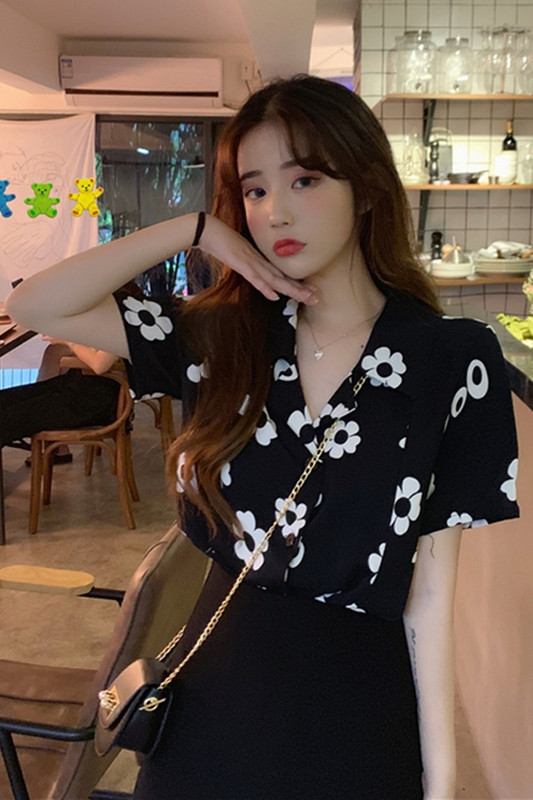 4 размера бели черни Flowal прости ежедневни ризи с къс ръкав и широка отложна яка