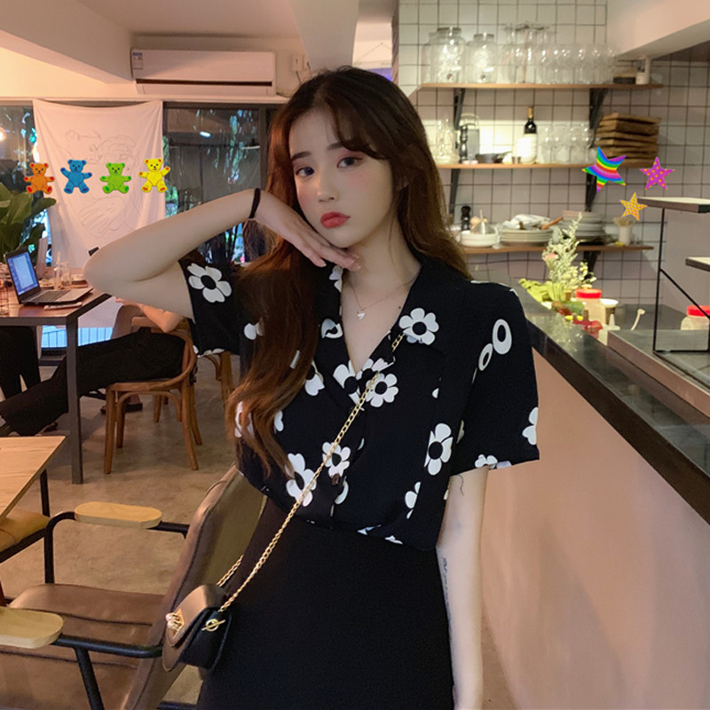 4 размера бели черни Flowal прости ежедневни ризи с къс ръкав и широка отложна яка