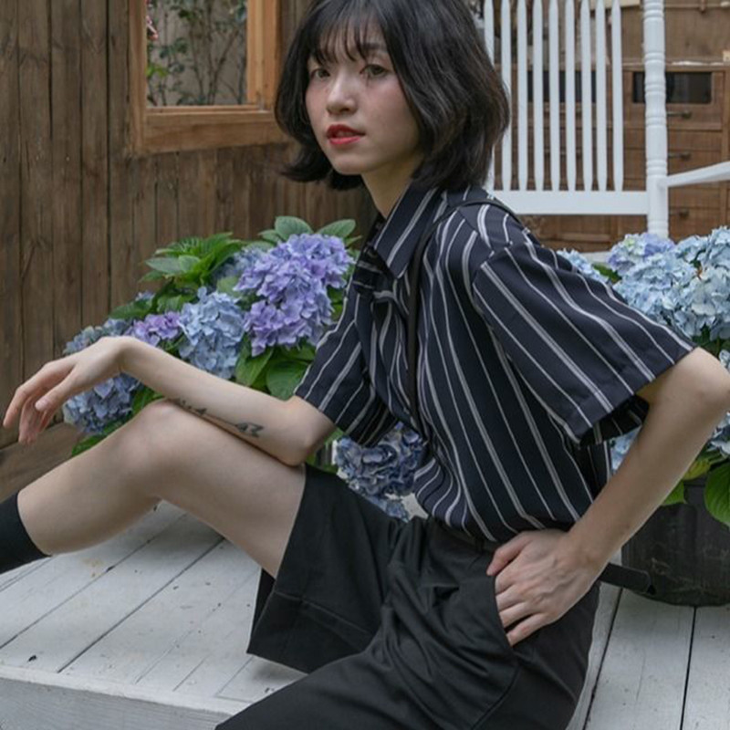 MEXZT Vintage prugaste bluze Ženske ljetne Harajuku Široke košulje kratkih rukava Uredske dame Retro Elegantne Tanke gornje jakne