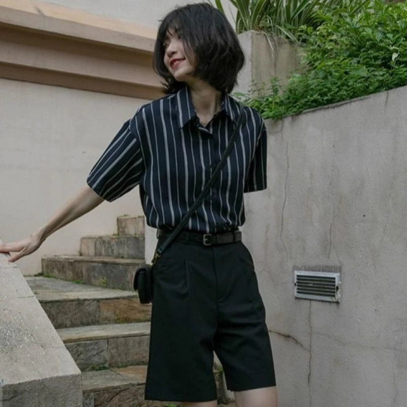 MEXZT Vintage prugaste bluze Ženske ljetne Harajuku Široke košulje kratkih rukava Uredske dame Retro Elegantne Tanke gornje jakne