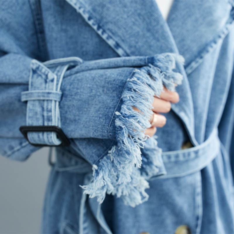 Γυναικεία τζιν καμπαρντίνα 2023 Φθινόπωρο με διπλό στήθος ζωσμένος casual τζιν πανωφόρι Φαρδιά μακρύ αντιανεμικό μπουφάν για ζευγάρια