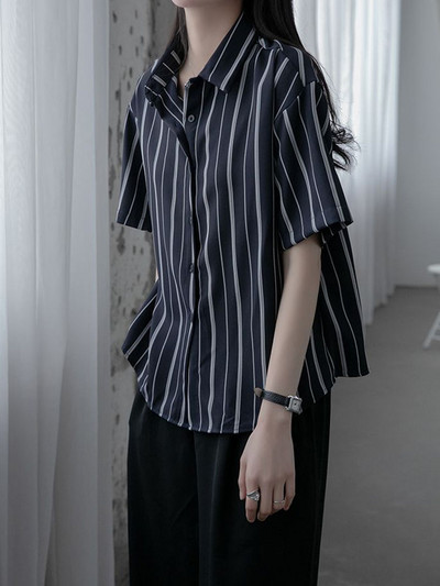 Zoki Дамска раирана риза Harajuku Ретро блуза с къс ръкав Корейска мода Свободни горнища с отложна яка Летни всякакви дрехи