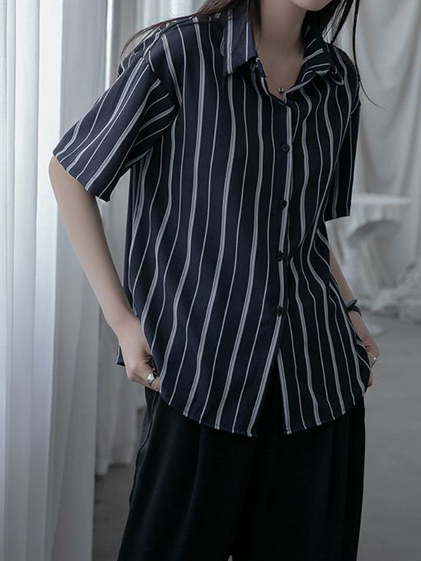 Zoki Дамска раирана риза Harajuku Ретро блуза с къс ръкав Корейска мода Свободни горнища с отложна яка Летни всякакви дрехи