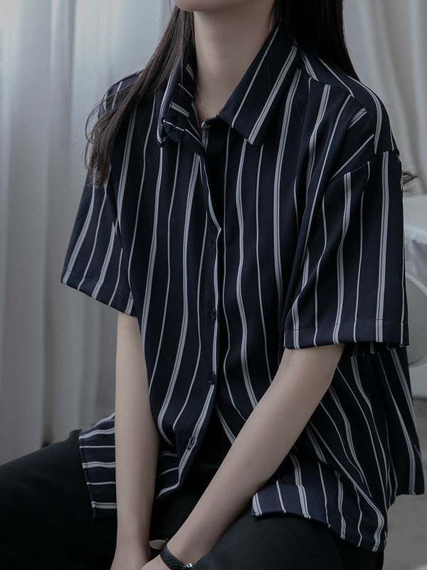 Zoki Дамска раирана риза Harajuku Ретро блуза с къс ръкав Корейска мода Свободни горнища с отложна яка Летни всякакви дрехи