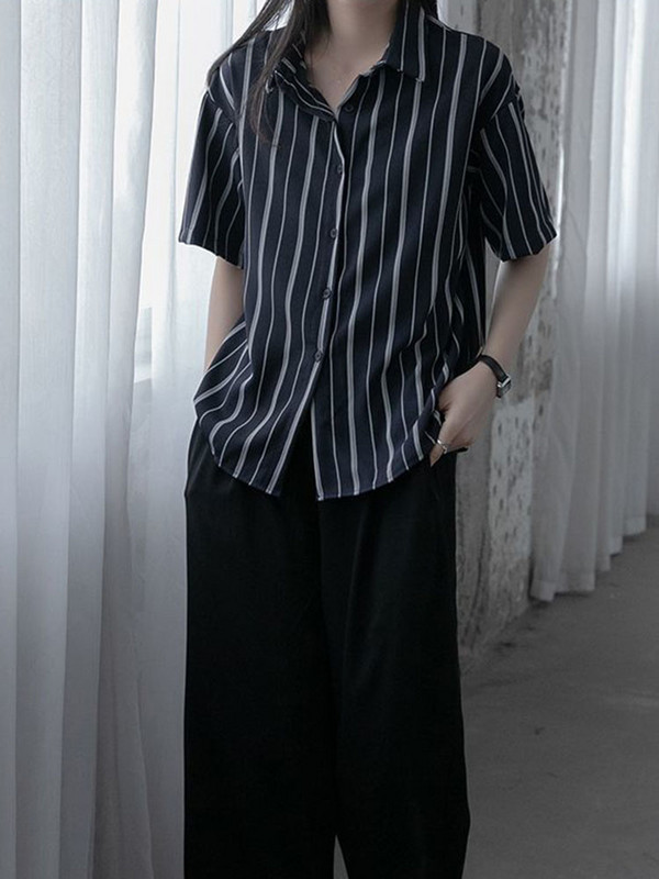 Zoki Дамска раирана риза Harajuku Ретро блуза с къс ръкав Корейска мода Свободни горнища с отложна яка Летни всякакви дрехи