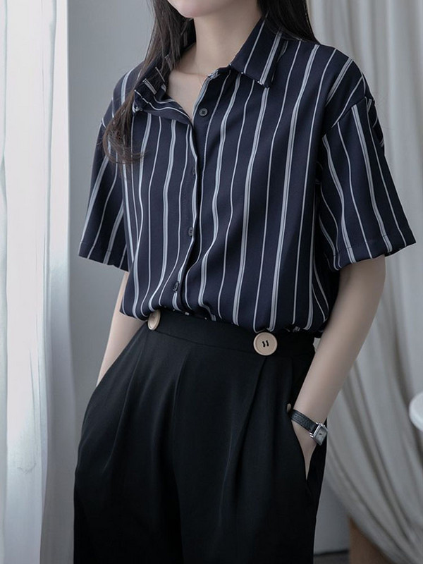 Zoki Дамска раирана риза Harajuku Ретро блуза с къс ръкав Корейска мода Свободни горнища с отложна яка Летни всякакви дрехи