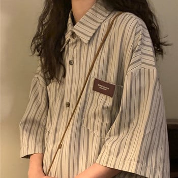 Zoki Vintage ριγέ γυναίκες με μπλούζες με γραβάτα Harajuku Oversized Loose Preppy Μπλουζάκια Ιαπωνικά καλοκαιρινά μακρυμάνικα πουκάμισα