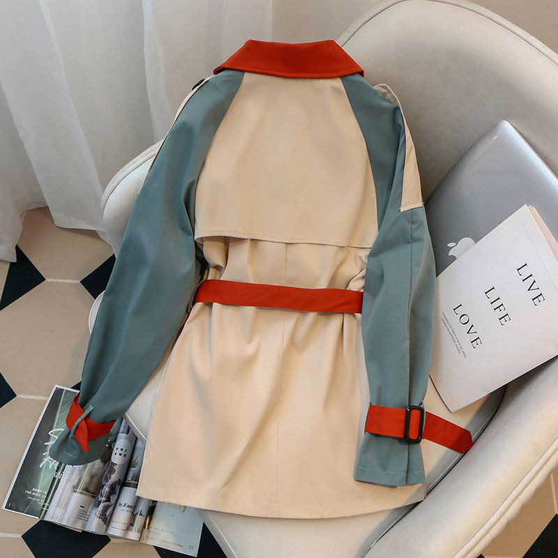 Hikigawa Chic Fashion Trench Vintage Elegant Contrast Culoare La începutul primăverii Lejer Versatil Patchwork Legat Sacou Top Mujer