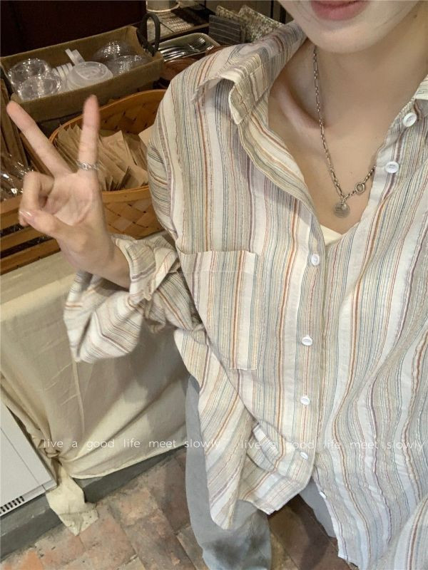 Design Sense Niche Ретро широка риза Слънцезащитна жилетка Риза Дамска лятна дневна горна риза с дълги ръкави