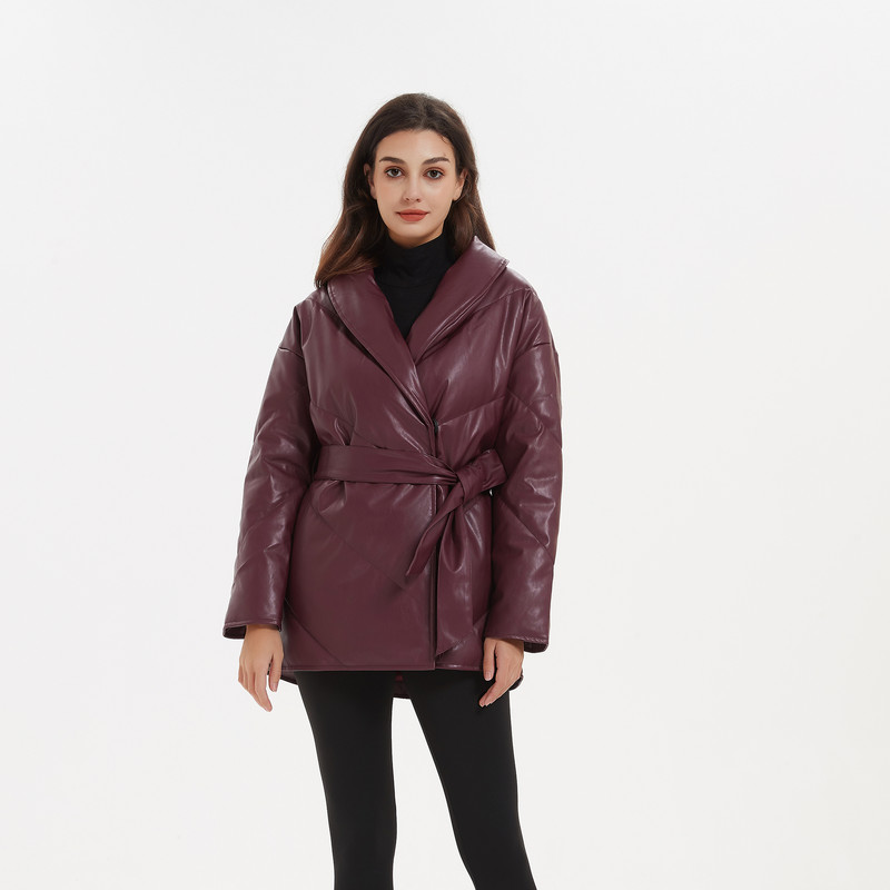 Malina Есенни зимни паркове Дамски модни свободни плътни палта от PU кожа Дамски елегантни памучни якета с колан за вратовръзка Женски дамски