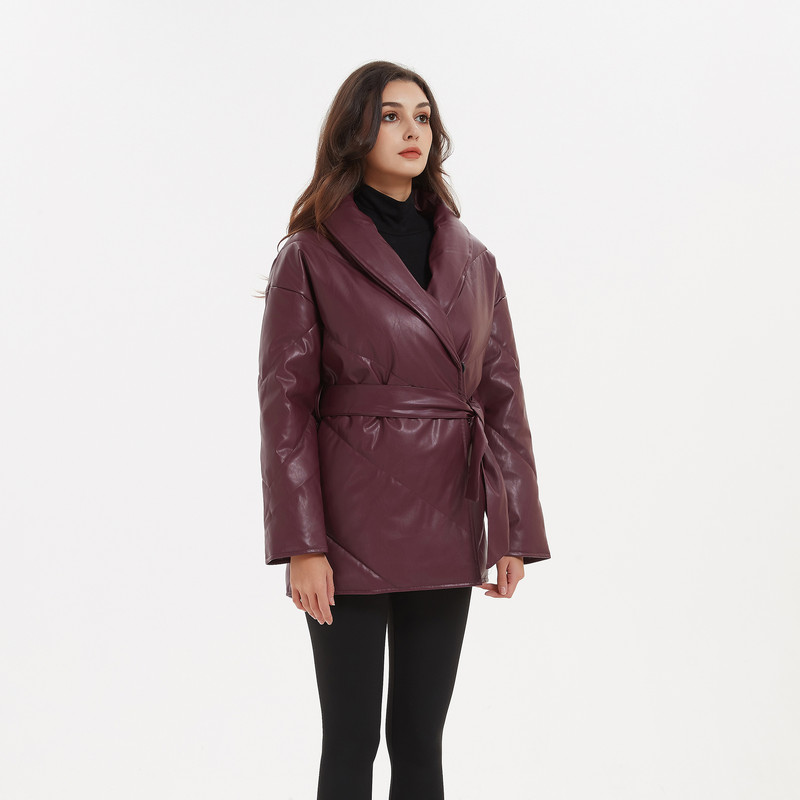 Malina Есенни зимни паркове Дамски модни свободни плътни палта от PU кожа Дамски елегантни памучни якета с колан за вратовръзка Женски дамски