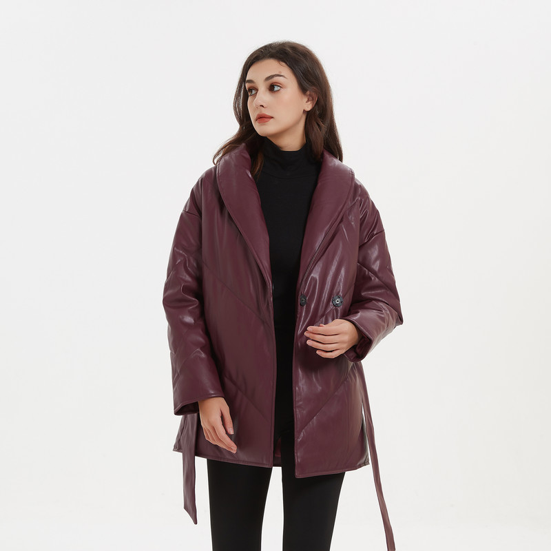Malina Есенни зимни паркове Дамски модни свободни плътни палта от PU кожа Дамски елегантни памучни якета с колан за вратовръзка Женски дамски