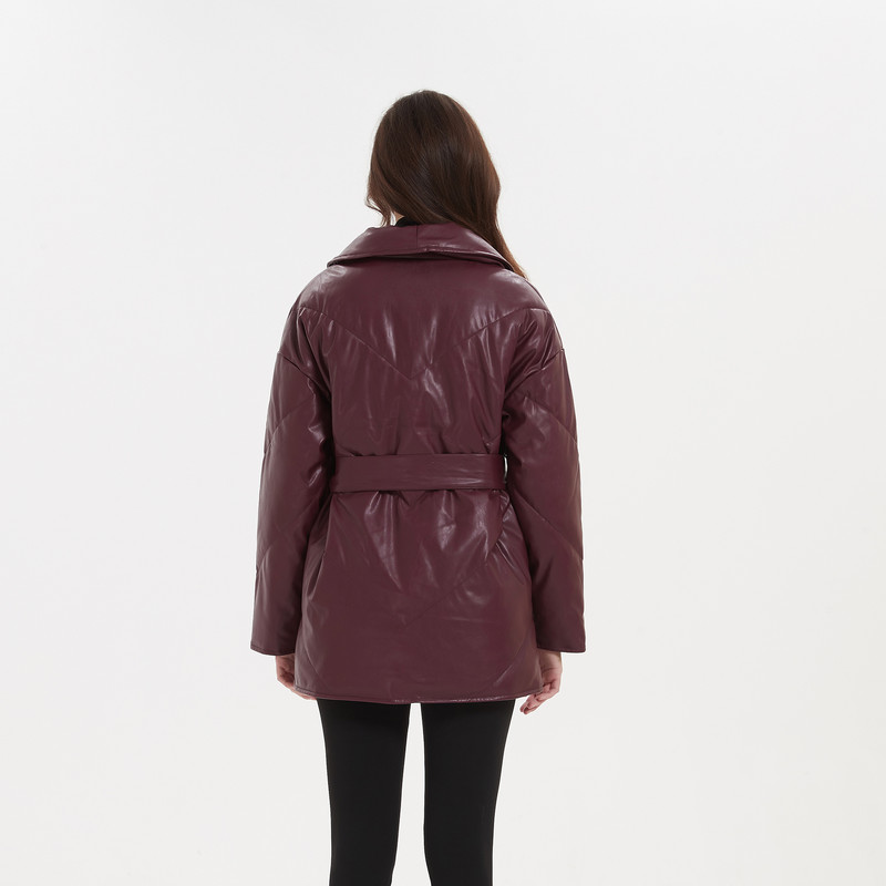 Malina Есенни зимни паркове Дамски модни свободни плътни палта от PU кожа Дамски елегантни памучни якета с колан за вратовръзка Женски дамски