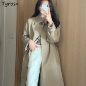 Есенни дамски тренчкоти в цвят каки Средно дълги едноредни връхни дрехи Английски стил Preppy Ежедневни Елегантни ветровки Класически