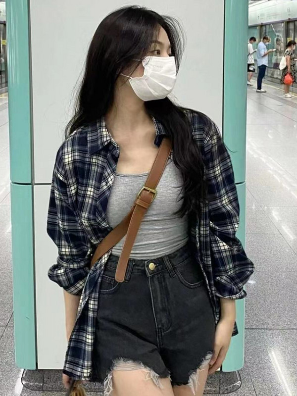 Moteriški, minimalistiniai, rudens marškiniai, tinkantys korėjietiško stiliaus pledas, patogūs senoviniai laisvalaikio prašmatnūs vienviečiai biuro drabužiai moterims