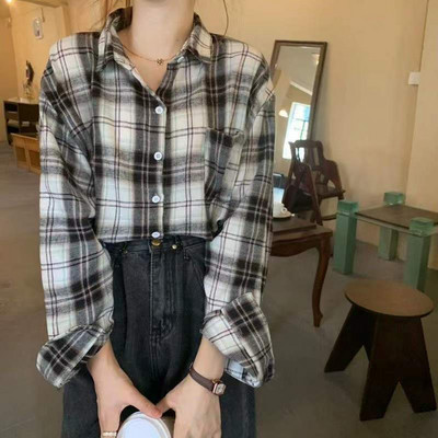 Lucyever Harajuku široka karirana košulja Ženska proljeće Jesen Vintage ulična odjeća Karirane bluze s dugmadima Korejske divlje studentske košulje