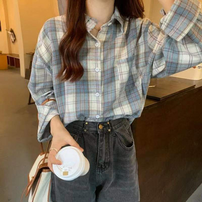 Lucyever Harajuku široka karirana košulja Ženska proljeće Jesen Vintage ulična odjeća Karirane bluze s dugmadima Korejske divlje studentske košulje