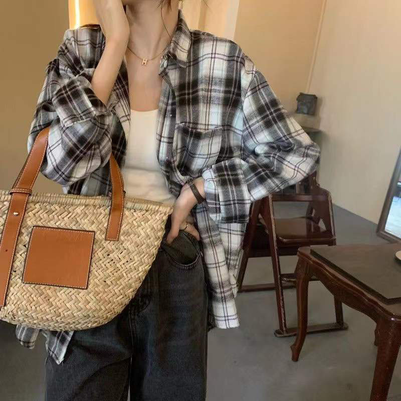 Lucyever Harajuku široka karirana košulja Ženska proljeće Jesen Vintage ulična odjeća Karirane bluze s dugmadima Korejske divlje studentske košulje