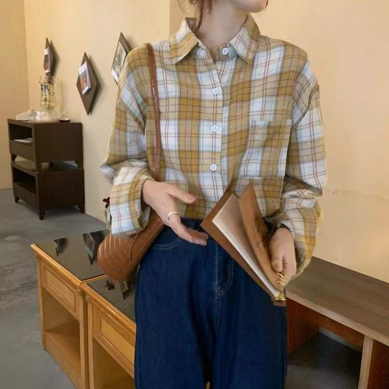 Lucyever Harajuku široka karirana košulja Ženska proljeće Jesen Vintage ulična odjeća Karirane bluze s dugmadima Korejske divlje studentske košulje