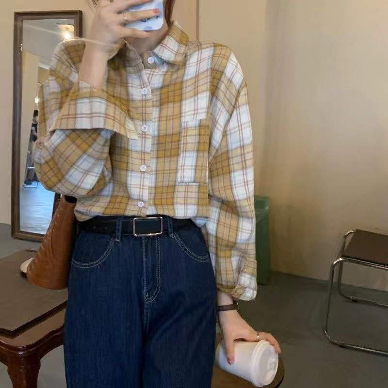 Lucyever Harajuku široka karirana košulja Ženska proljeće Jesen Vintage ulična odjeća Karirane bluze s dugmadima Korejske divlje studentske košulje