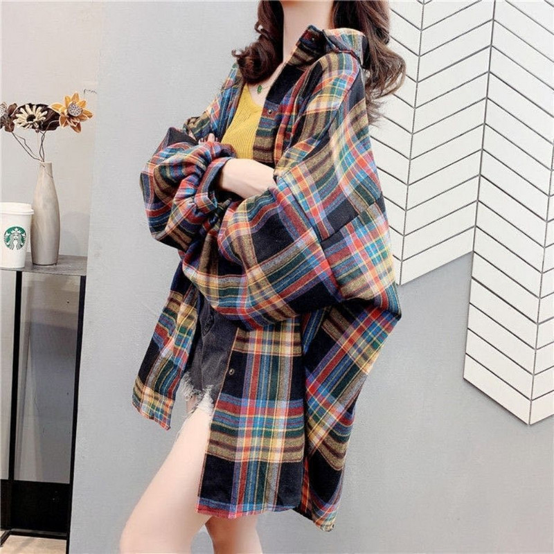 Пролетно-есенна ретро широка карирана риза с дълъг ръкав Дамско облекло Ежедневна модна дамска блуза с едноредово деколте