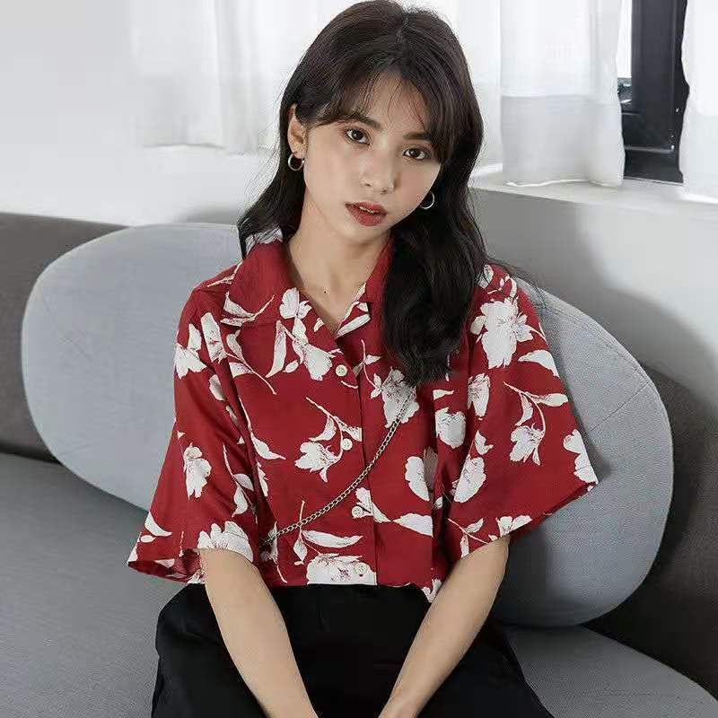 Vintage βαφή γραβάτα με γυριστό γιακά με κοντομάνικη μπλούζα Γυναικεία ρούχα Πουκάμισα με γλυκά κουμπιά Καλοκαιρινή casual εκτύπωση Loose top Tee