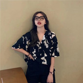 3 μεγέθη All Match Fashion Causal Floral Vintage Βασικές εγκοπές κοντομάνικο Γυναικείο πουκάμισο College Wind Woman Top