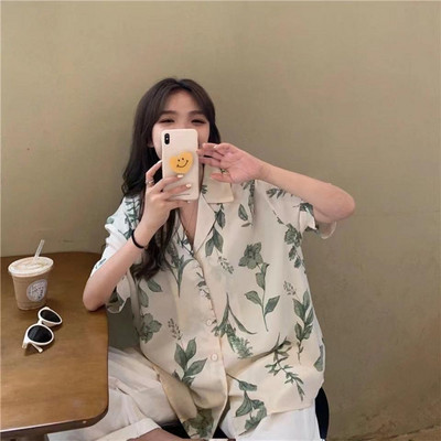 3 μεγέθη All Match Fashion Causal Floral Vintage Βασικές εγκοπές κοντομάνικο Γυναικείο πουκάμισο College Wind Woman Top