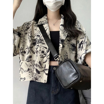 MEXZT Vintage Floral πουκάμισα Γυναικεία στάμπα κοντομάνικα μπλούζες Crop Καλοκαιρινό streetwear Harajuku Κορεάτικο χαλαρό casual μπλουζάκια με όλα τα ταιριαστά