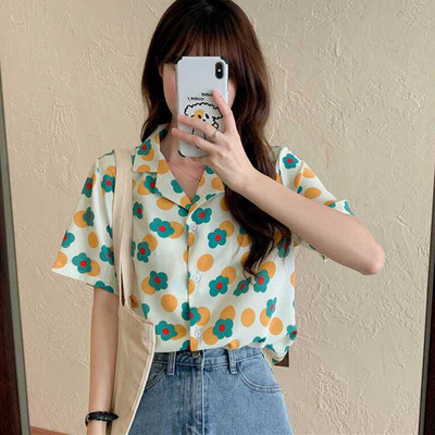 Xpqbb Πουκάμισα Γυναικεία Vintage Floral Εκτύπωση Μπλούζες με κοντό μανίκι με οδοντωτές κοντομάνικες μπλούζες Γυναικεία μπλούζα με κουμπιά κολεγιακού στυλ Καλοκαίρι