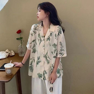 Xpqbb Πουκάμισα Γυναικεία Vintage Floral Εκτύπωση Μπλούζες με κοντό μανίκι με οδοντωτές κοντομάνικες μπλούζες Γυναικεία μπλούζα με κουμπιά κολεγιακού στυλ Καλοκαίρι