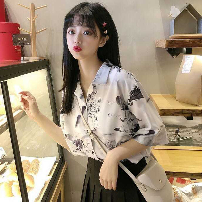 Xpqbb Ризи Дамски винтидж блузи с флорални щампи с назъбени блузи с къс ръкав Дамска блуза с копчета в колежански стил, лятна