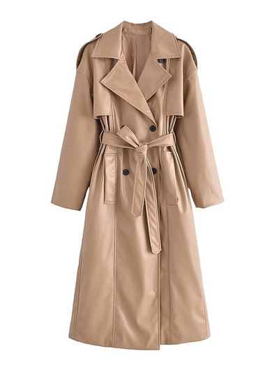 TRAF Дамска мода с колан Тренчкот от изкуствена кожа Винтидж с дълъг ръкав и предни джобове Дамско връхно облекло Шикозно облекло