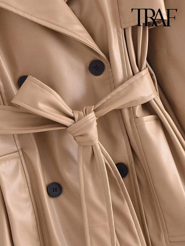 TRAF Дамска мода с колан Тренчкот от изкуствена кожа Винтидж с дълъг ръкав и предни джобове Дамско връхно облекло Шикозно облекло