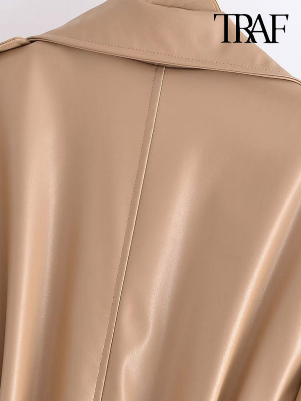 TRAF Дамска мода с колан Тренчкот от изкуствена кожа Винтидж с дълъг ръкав и предни джобове Дамско връхно облекло Шикозно облекло