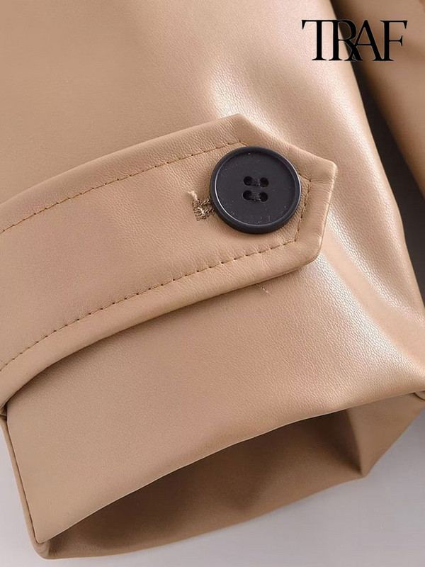 TRAF Дамска мода с колан Тренчкот от изкуствена кожа Винтидж с дълъг ръкав и предни джобове Дамско връхно облекло Шикозно облекло