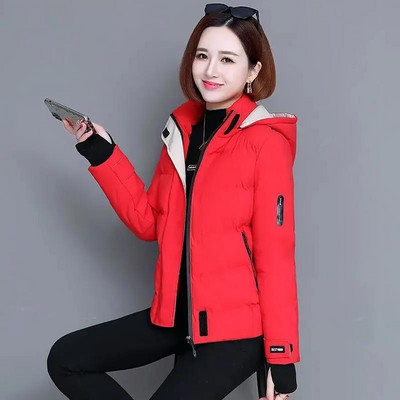 Памучно яке с качулка Есен Зима 2023 г. Нови дамски къси якета с подплата Добавете дебело палто с цип Парка Горно облекло Дамско палто