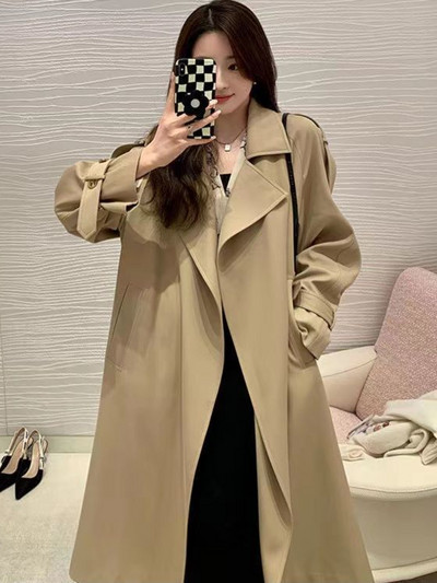 Тренчкот за жени 2023 Ветровка Пролет и есен Висококачествено драпиране Средно дълго едноцветно темпераментно прилепнало палто