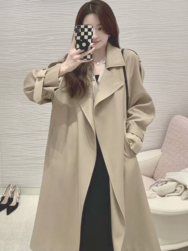 Тренчкот за жени 2023 Ветровка Пролет и есен Висококачествено драпиране Средно дълго едноцветно темпераментно прилепнало палто