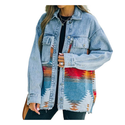 Дамско дънково яке Есен и зима Нов дизайн Дамско облекло Вълнено палто с дънкови шевове Ретро яке Ежедневна тенденция