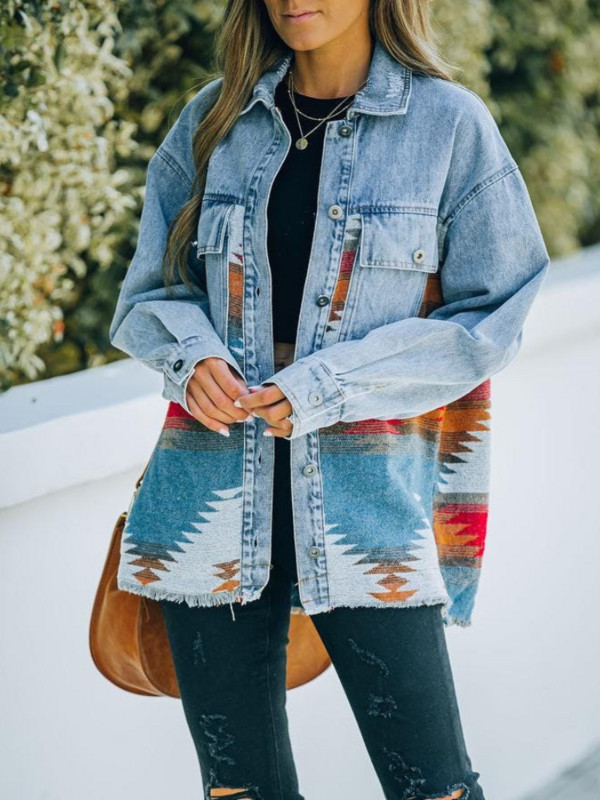 Дамско дънково яке Есен и зима Нов дизайн Дамско облекло Вълнено палто с дънкови шевове Ретро яке Ежедневна тенденция