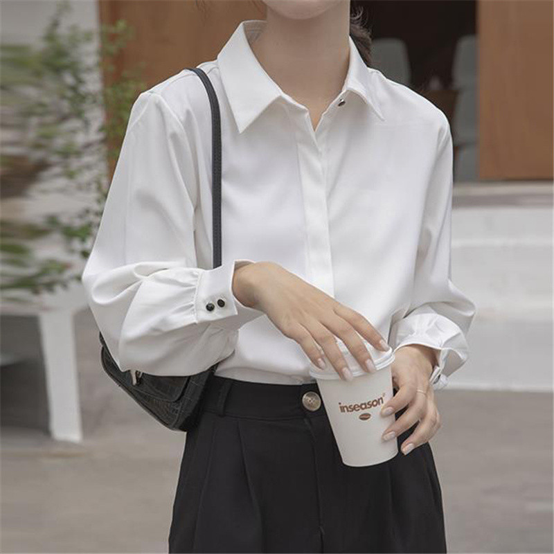 Aelegantmis Мека офис дамска бяла риза за жени Блуза с отложна яка OL Женска блуза с дизайн на копчета Femme Топове Нови