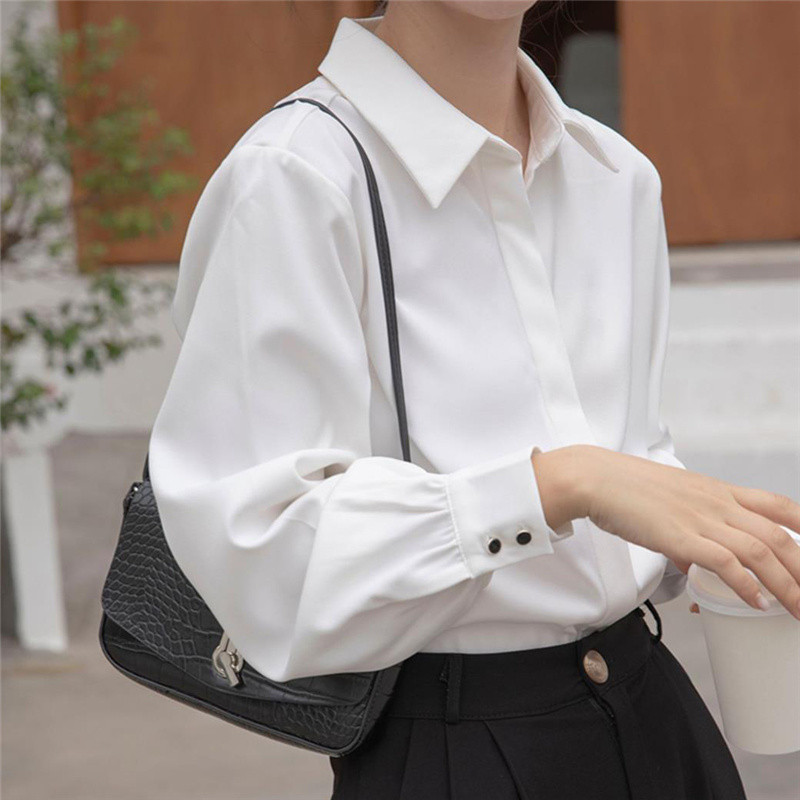 Aelegantmis Мека офис дамска бяла риза за жени Блуза с отложна яка OL Женска блуза с дизайн на копчета Femme Топове Нови