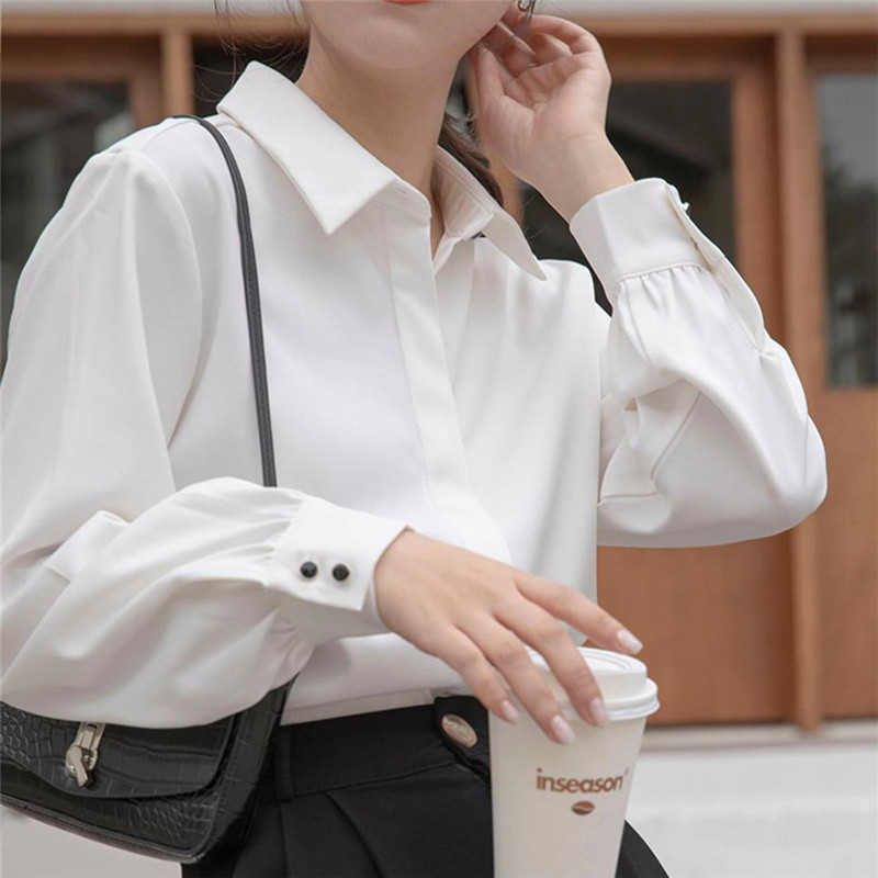 Aelegantmis Мека офис дамска бяла риза за жени Блуза с отложна яка OL Женска блуза с дизайн на копчета Femme Топове Нови
