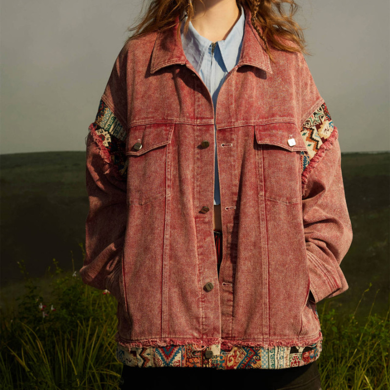 Дамско дънково яке Ретро Стар пролетен и есенен дизайн Усещане за американско дънково облекло Етнически стил Сплайсинга Винтидж палта