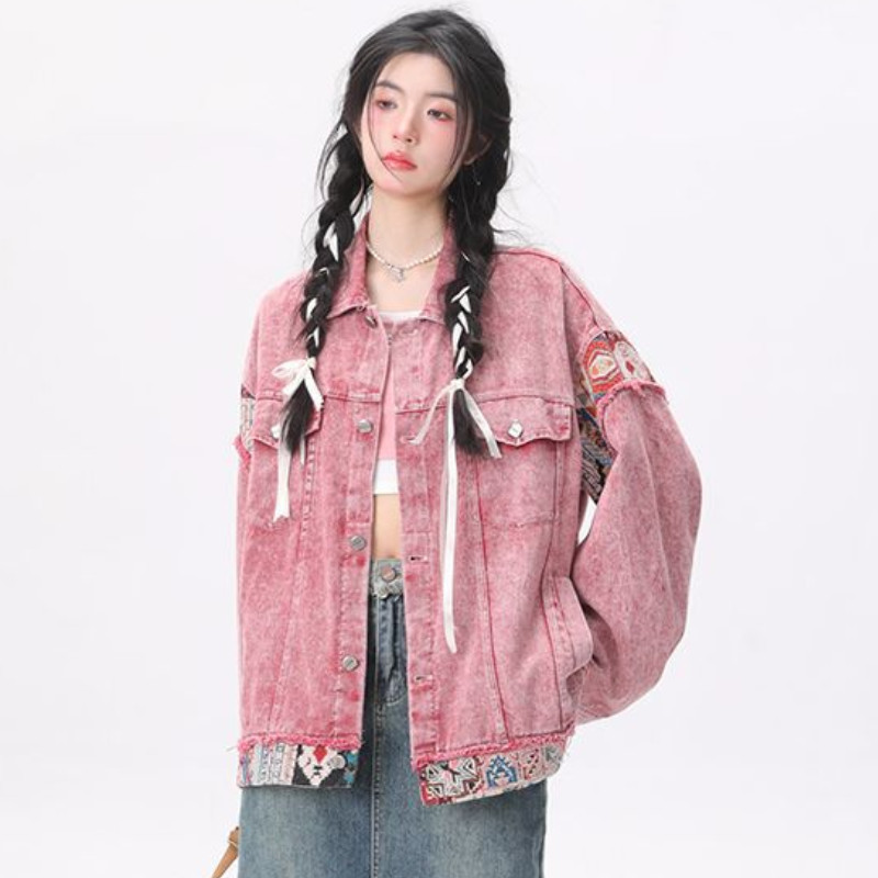 Дамско дънково яке Ретро Стар пролетен и есенен дизайн Усещане за американско дънково облекло Етнически стил Сплайсинга Винтидж палта