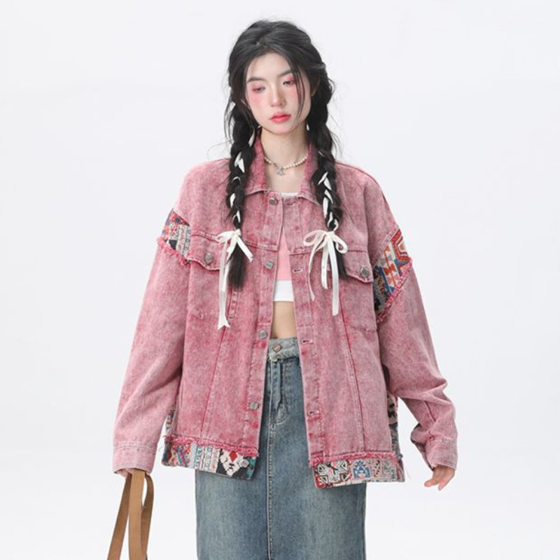 Дамско дънково яке Ретро Стар пролетен и есенен дизайн Усещане за американско дънково облекло Етнически стил Сплайсинга Винтидж палта